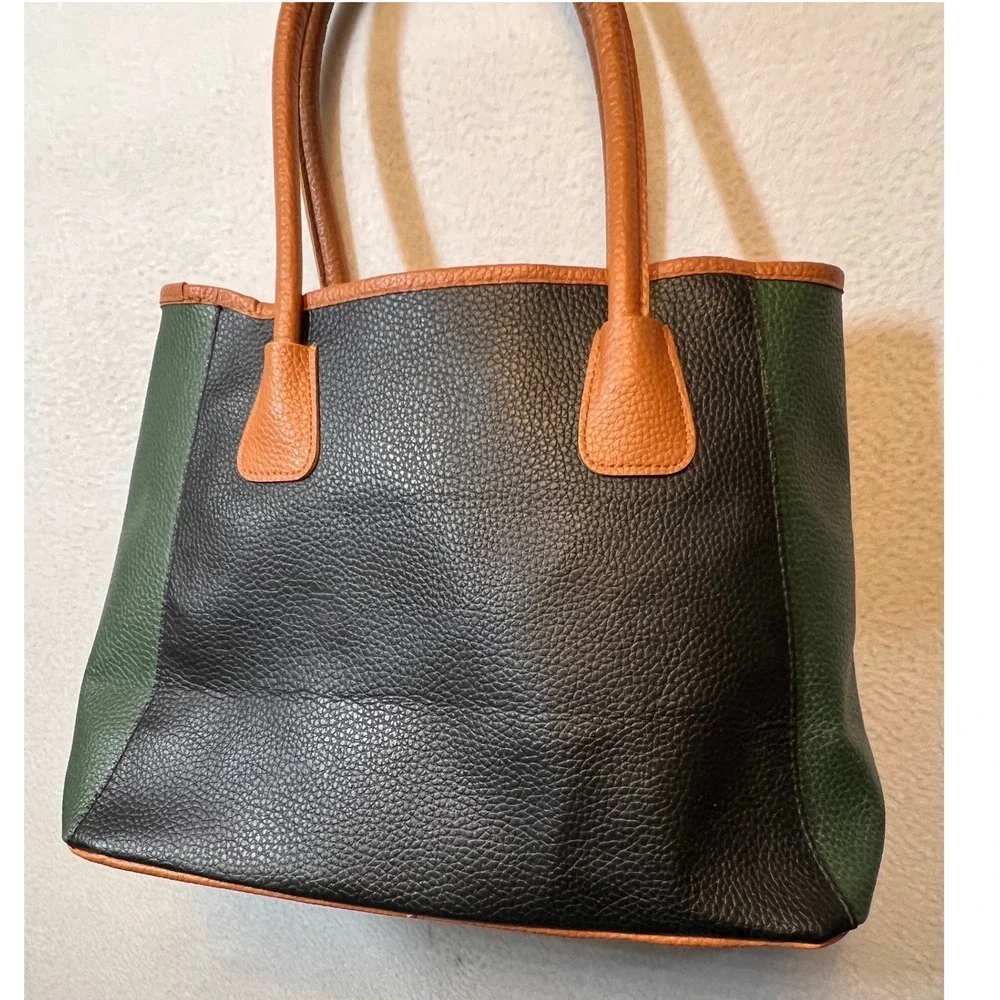 Neiman Marcus‎ Colorblock Tote Bag Brown Black Green Faux Leather Top Handle - Picture 3 of 9